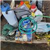 Image 4 : Contents on pallet, sprayer, elec. Heater, air & water hose, mitre box, pylons, wire brushes, hooks,