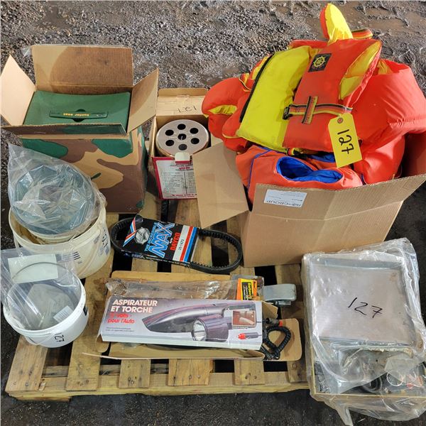 Qty of various size life jackets, hunter seat, scoop, Colman heater, 12-Volt vacuum cleaner & torch 