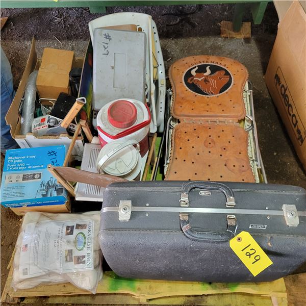 Water coolers, suitcase, Guatemala leather piece, 6- rubber mallets, CB radio, Alaska game bags and 