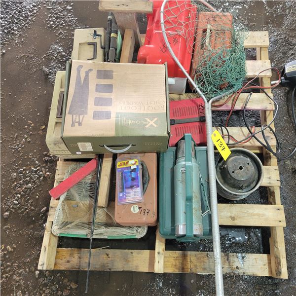 Hip waders, various fishing equip., Stanley thermos & battery charger