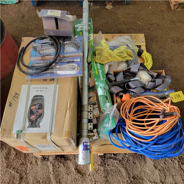 Pallet of ext. cords, hyd. Camper jack, trailer jack, waterfall décor (new) & car care kit