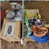 Image 1 : Pallet of ext. cords, hyd. Camper jack, trailer jack, waterfall décor (new) & car care kit