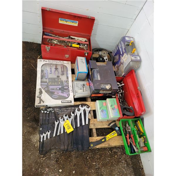 Pallet of tools, comb. Wrenches, tool boxes, air hammer set, hex set, rotary tool kit, 2- steering w