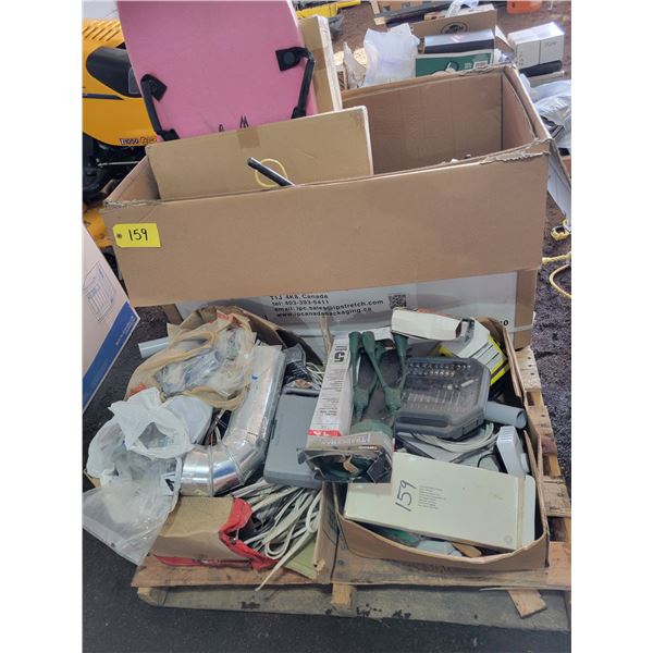 Pallet elec., misc. & fishing equip., alum. Table & coat rack