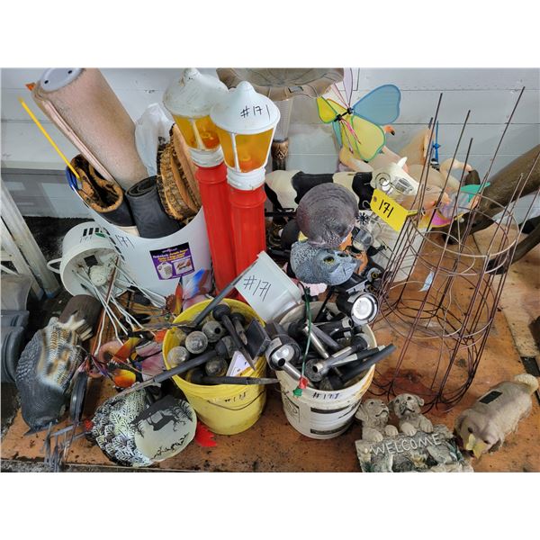 1- Lot of yard items, ornaments, tomato cages, bird water etc.