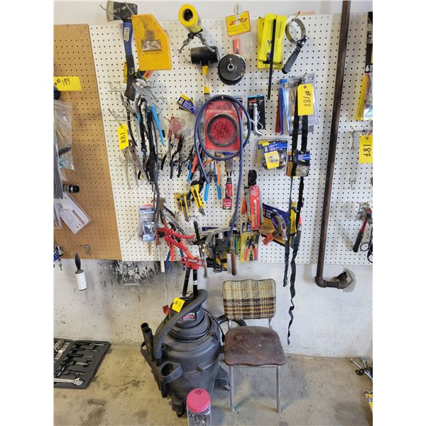 Shop vac., & misc. tools etc. on peg board (peg board does not sell) Bring your own Pails and/or Box