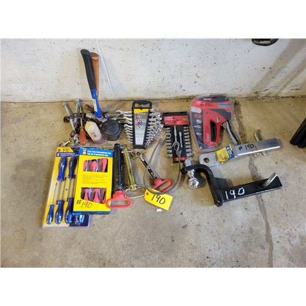 2- Receiver hitches, drop pins, staplers, screwdrivers, comb. Wrenches, small socket set & misc.