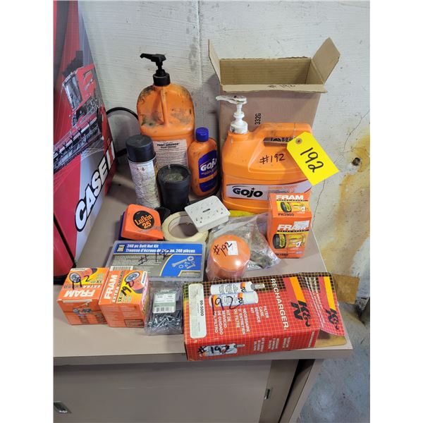 Qty of filters, hand cleaners, tape measure, nut kit, bolts etc.