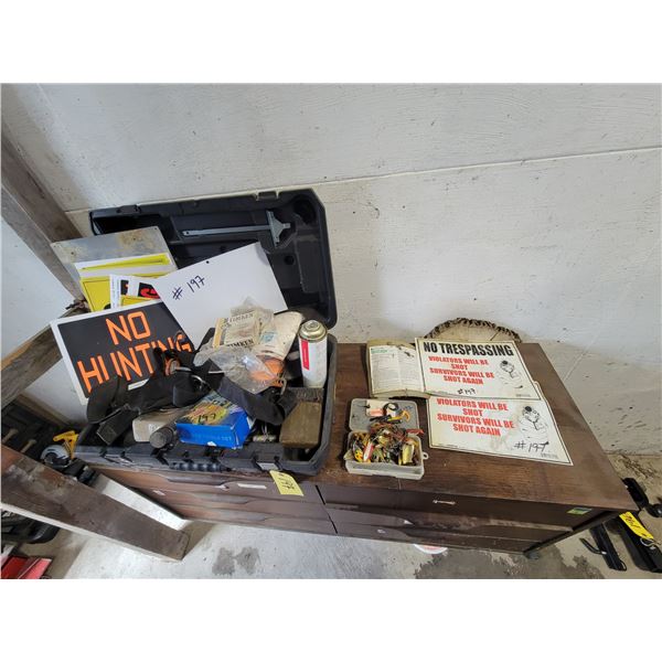 Various signs, fishing tackle & brown 6-drawer cabinet