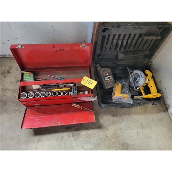 Dewalt saw & flashlight (no battery or charger) & red tool box c/w sockets & misc. tools