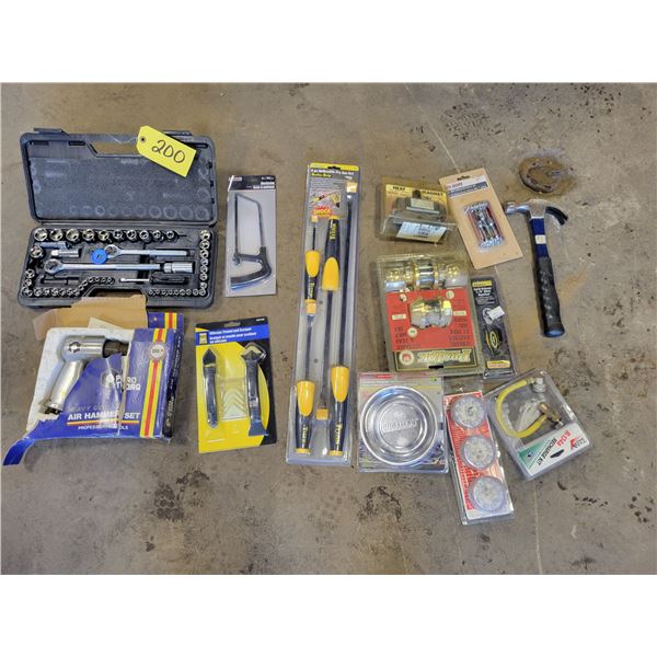 Socket set, air hammer, pry bars, door knob & deadbolt set & misc.