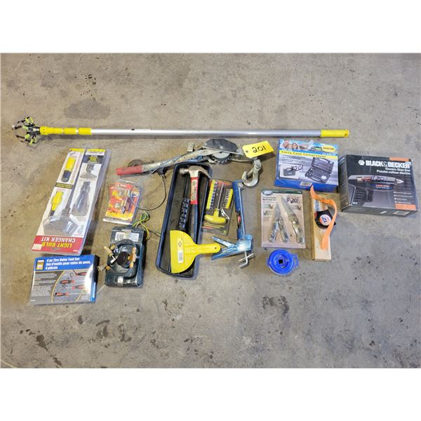 Cable winch, bulb changer, multi-tool set, screwdrivers & misc. tools