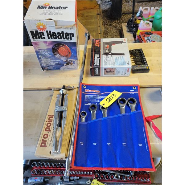 Mr. Heater, reversing drill, ratchet wrenches, bearing puller, Titan u-joint set