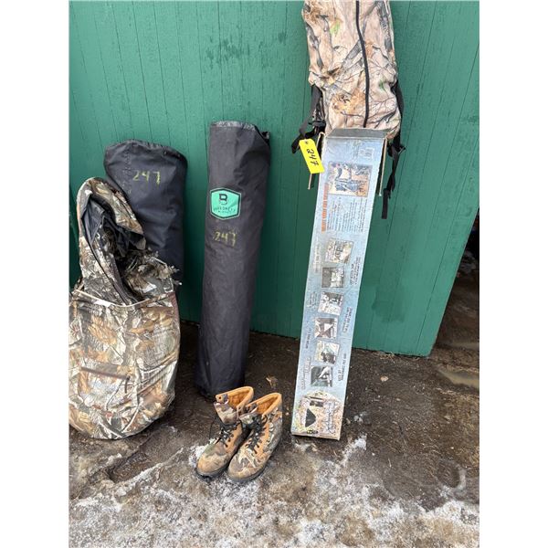 Hunting shelter, camo boots, 2- folding chairs etc.