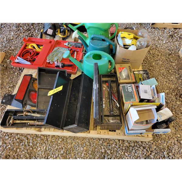 Tool boxes, lights, watering cans, booster cables and misc.
