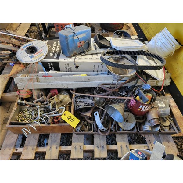 Pallet of bolts, charger, wiring, fishing poles, electrical, funnels & misc.