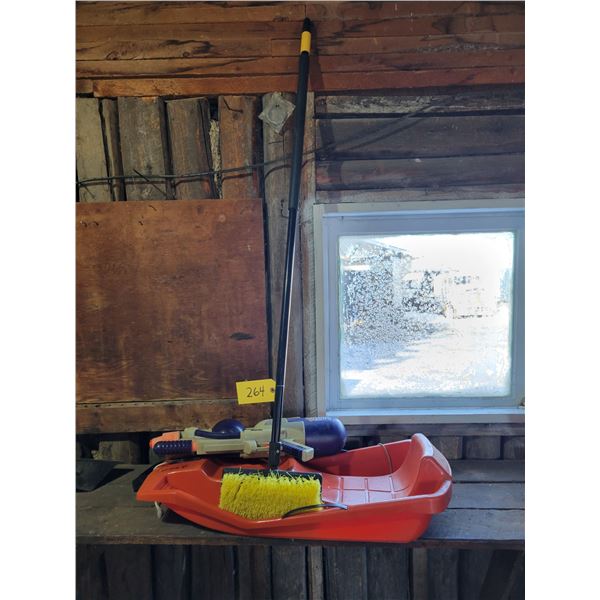 Wash brush, plastic sleigh, water gun