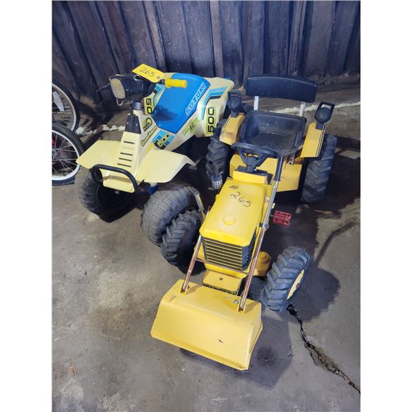 Children's Suzuki 500 Quad racer, 12-Volt quad & Yellow peddle tractor c/w bucket