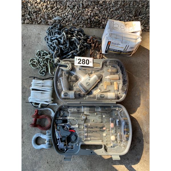 Chains, impact set (as new), rope, shackles, chain in box