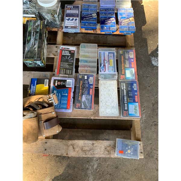 Pallet of screws, bolts, pouch, key stock, fuses, hose clamps etc.