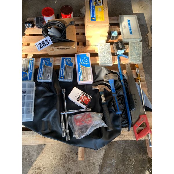 Pallet c/w hammers, pry bar, screwdriver, wrenches, good new misc.