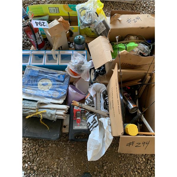 Pallet of misc. fishing rods (small), bottle jack, tape measures, trim line