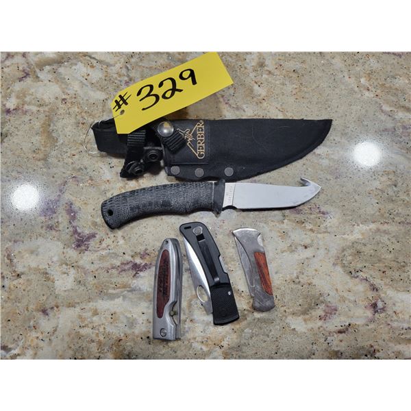 Gerber skinning & cutting knife & 3- Pocket knives