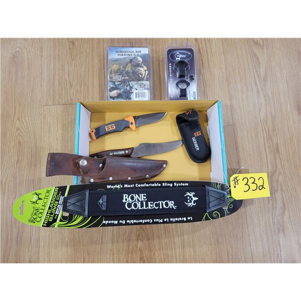 Bone collector high lander sling, Gerber & Old Timer skinning knives, binocular harness & precision