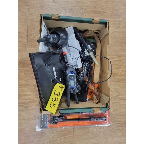 Box of 2-way radios, 2- buck grunts, digital frame, Champion Bi-pod