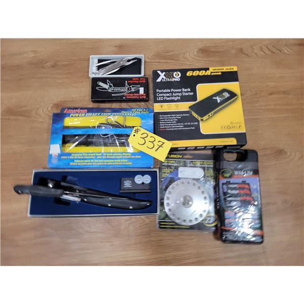 Portable power bank jump start/flashlight, wild-lite 6 pc game processing kit, Rada boning knife c/w
