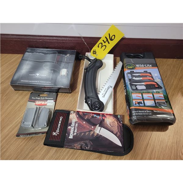 Browning folding saw & Browning hunting knife, knife sharpener, wild-lite knife set, organizer & wat