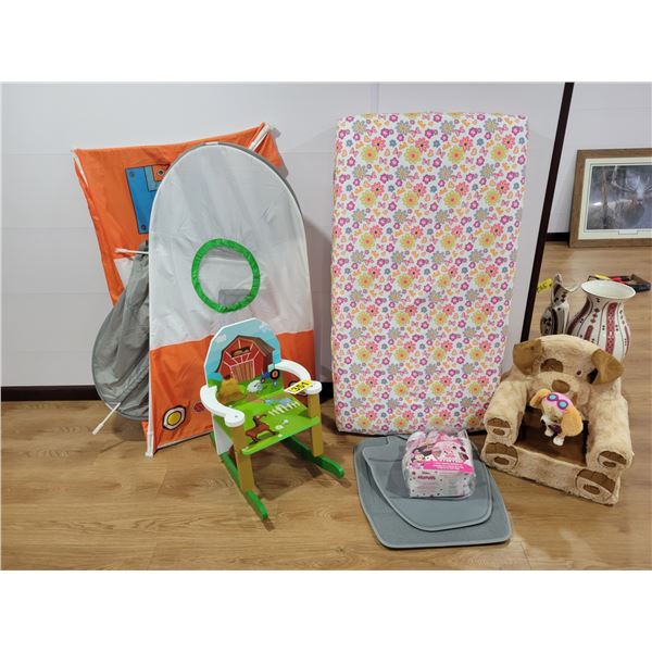 Children's pop-up play center, foam chair, crib mattress, wooden rocking chair etc.