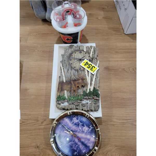 Calgary Flames glasses c/w ice pail & 2- wildlife clocks