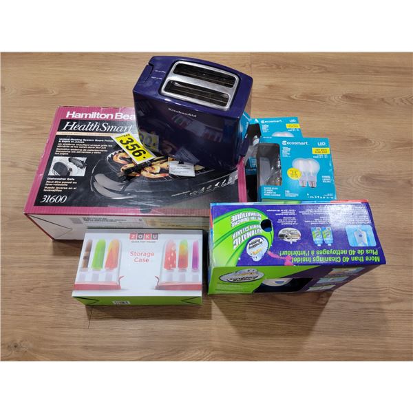 As new toaster, light bulbs, scrubbing bulb cleaning kit, Hamilton Beach grill, as new