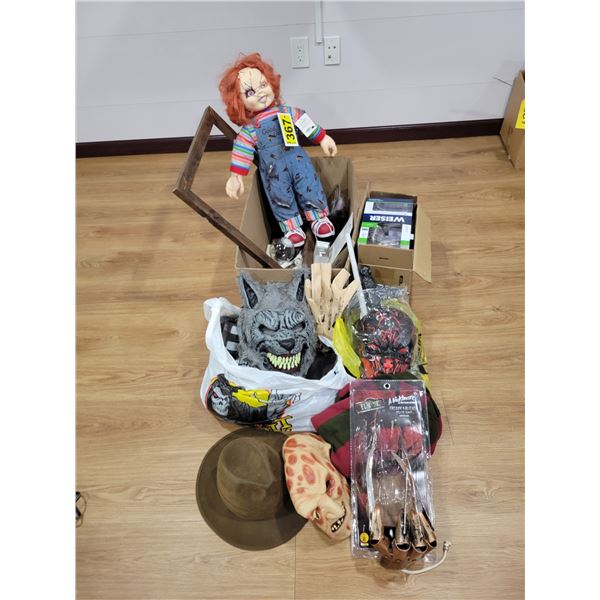 Qty of Halloween costumes & décor, Chucky doll, Weiser door knobs (as new) and misc.