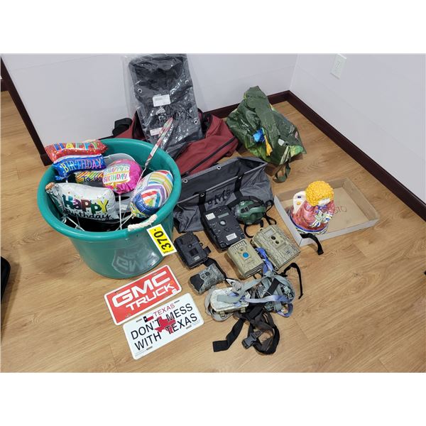 Approx. 4- Tote bags, qty of hunting binoculars, 2- license plates, cookie jar & bin of birthday bal