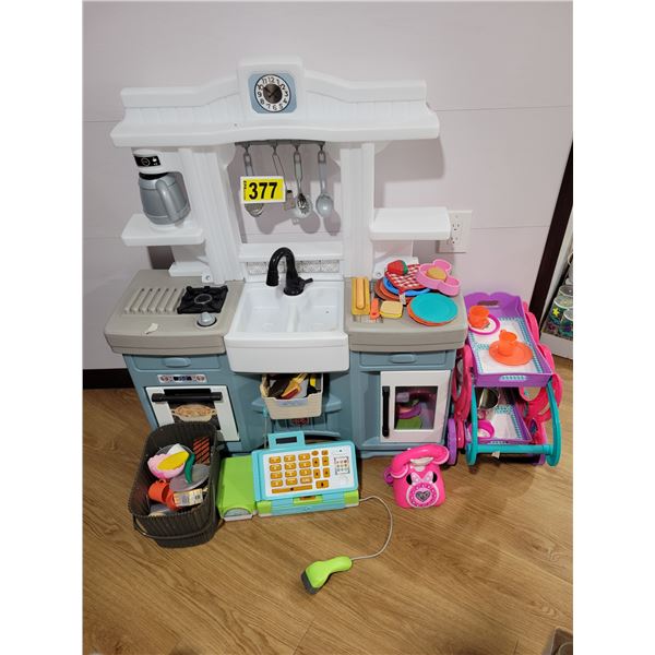 Children's kitchen c/w phone, cash machine, rolling cart & accessories
