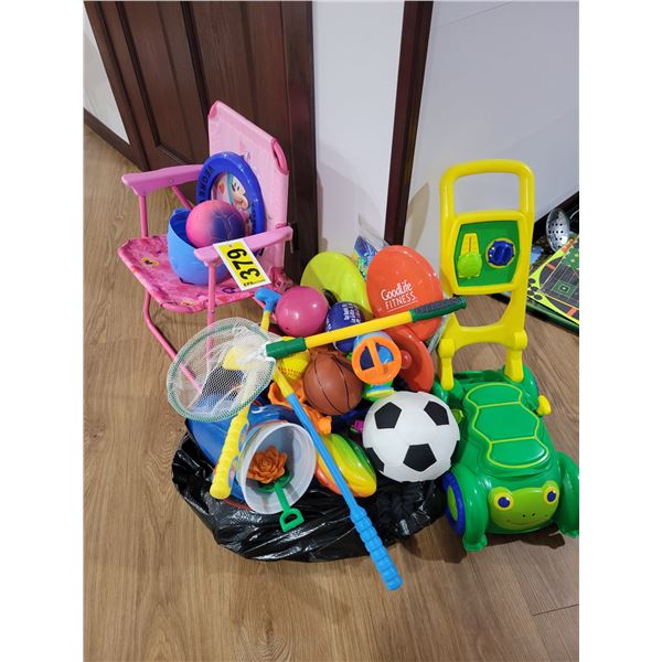 Qty of outdoor children's toys, folding chair, nets, balls, etc.