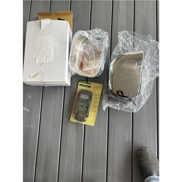 2- Dodge chrome mirror covers, Thermacell holster, meat saw, cutlery, hammer, toaster & misc.