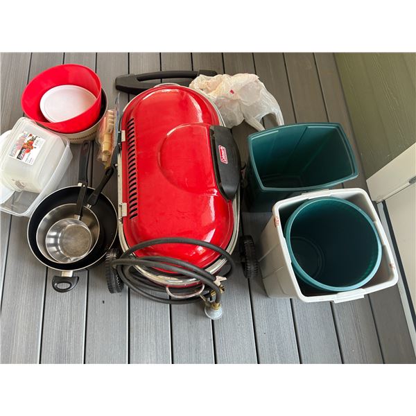 Pots & pans, Coleman BBQ (as new), various plastic containers, various hot dog sticks, umbrellas, pr