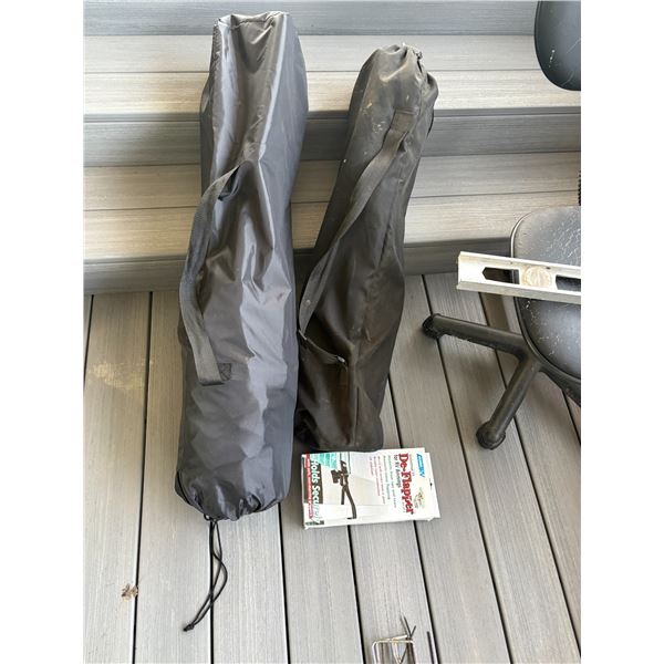2- Folding camping chairs & 1- De-flapper, chair, level, nail pegs, springs