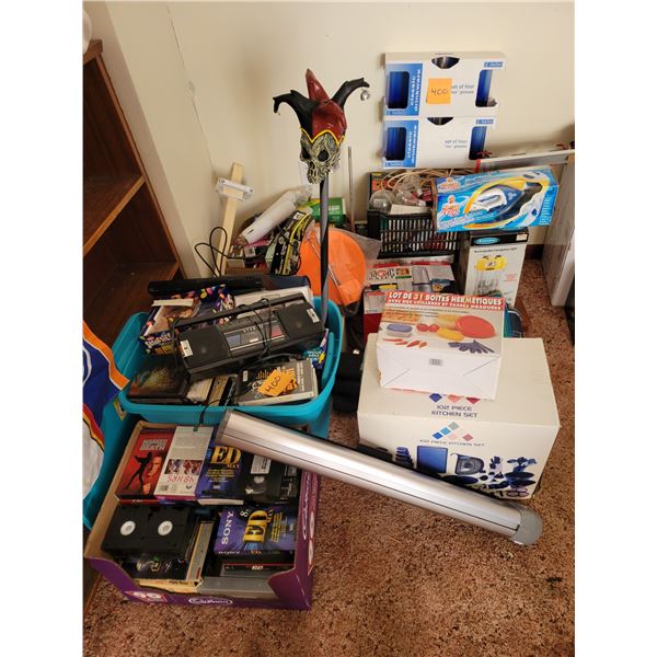 Qty of VHS, CDs, DVDs, light bulbs, kitchen wear, cleaning supplies, light bulbs, 3 in 1 Multi cooke