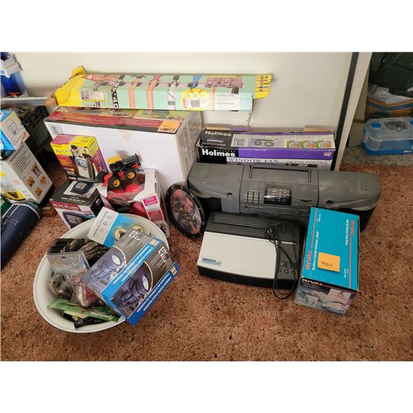 2- Portable TVs, portable stainless steel gas grill, window fan, radios, elec. Food slicer, stationa