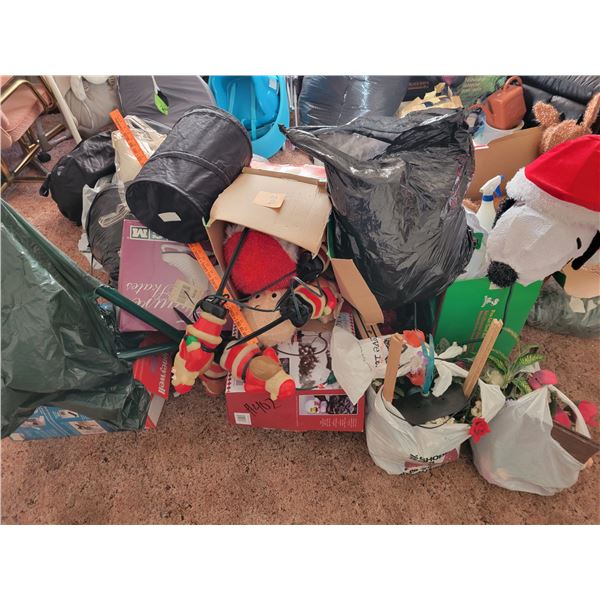 Large qty of Christmas decorations, a Pet cargo, helmet, various camping gear and misc.