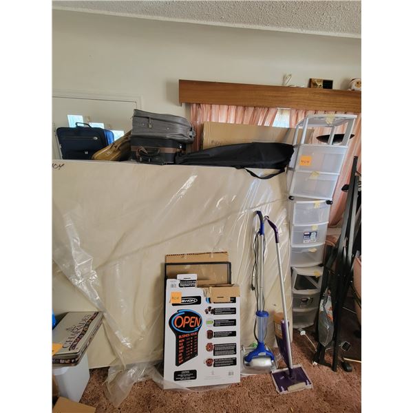 Open sign, 3- Mattresses, 2- Swiffer mops, qty of luggage, folding chair, plastic rolling drawers (s