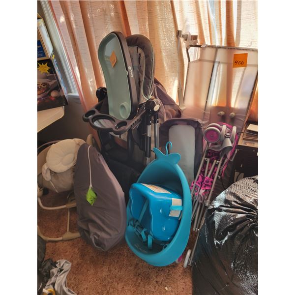 Qty of Baby furniture, booster seat, high chair, play pen, umbrella stroller, swinging seat, daybed 