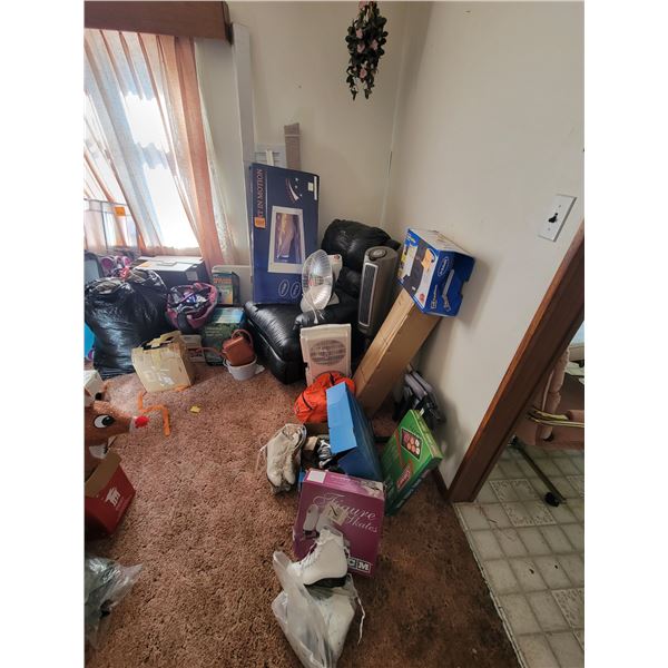 Large qty of fans, heaters, digital frame, camping gear, leather lounge chair, wall A/C, blinds, ska