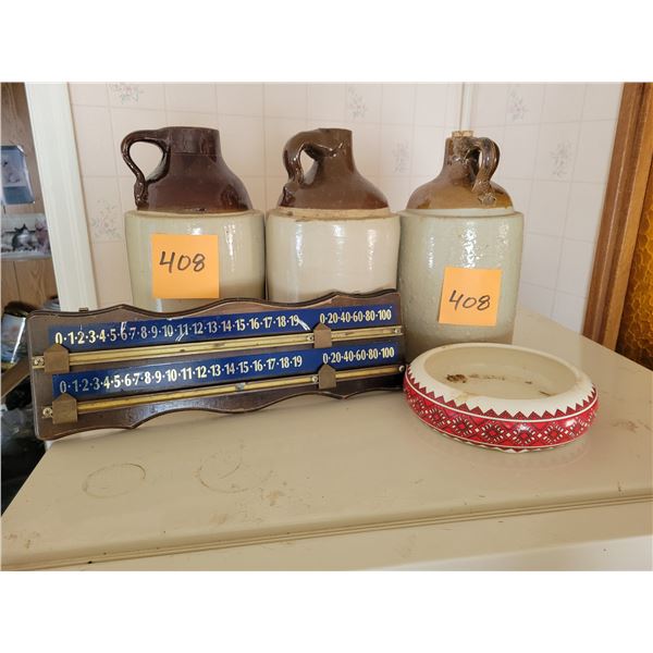 3- Antique whiskey jugs, ashtray & vintage wooden snooker scoreboard