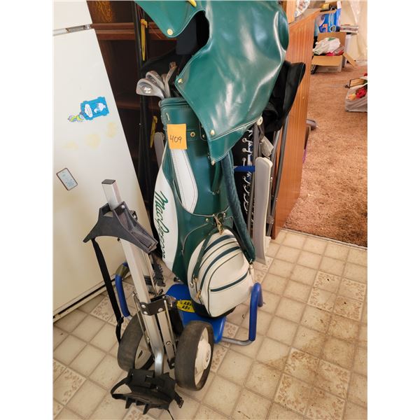 Golf clubs c/w rolling cart, badminton net & folding chair