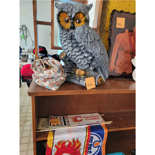 Garden owl, license plate, hockey flags & marbles